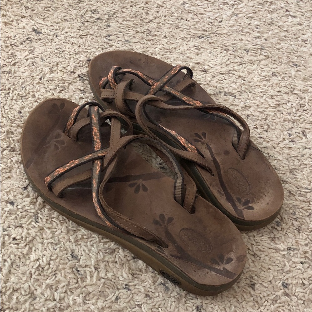 Chaco Brown Floral-Print Strappy Sandals with Copper Accent